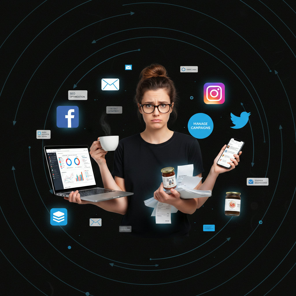 A small business owner juggling multiple tasks (e.g., laptop, coffee, phone, product sample) with a bewildered or stressed expression, surrounded by a chaotic representation of marketing demands like social media icons, email envelopes, and SEO keywords.