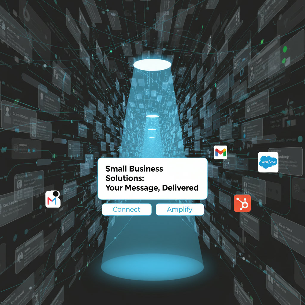 A visual metaphor of a busy digital landscape, possibly a bustling city or a tangled web of connections, with a small spotlight or clear path shining through, representing a small business's message cutting through the noise.