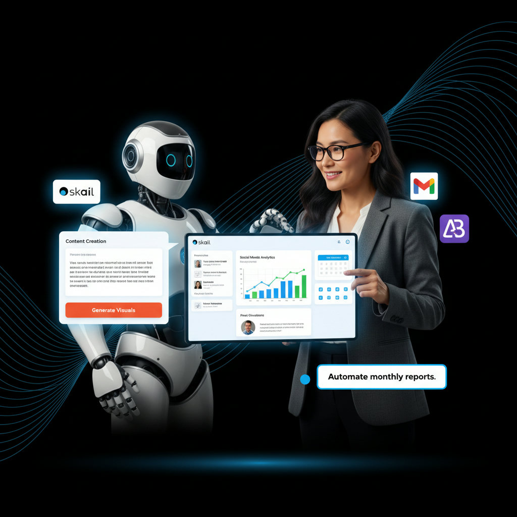 An AI robot or assistant figure working alongside a small business owner, collaboratively engaged in marketing tasks like content creation on a screen, analyzing data, or scheduling posts. The robot should look helpful and supportive, not threatening.