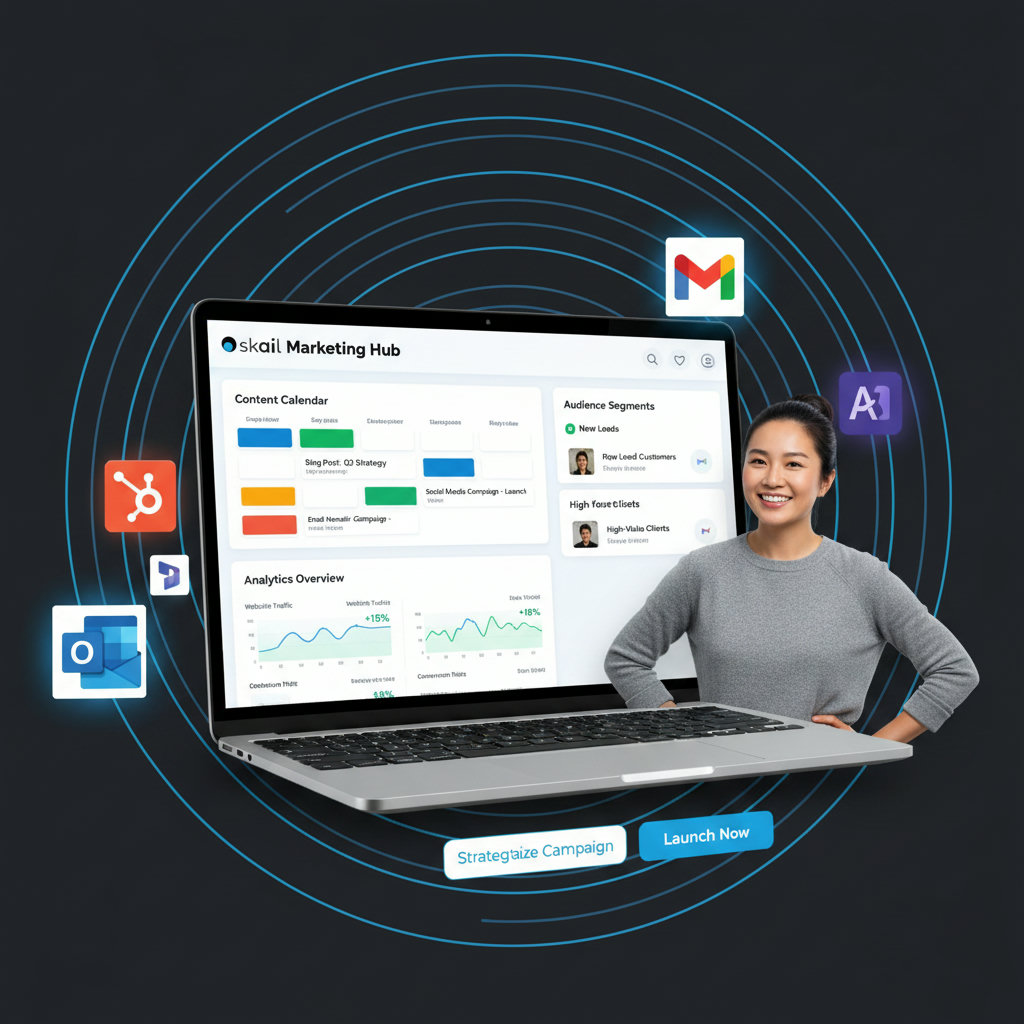 A clear, intuitive dashboard or interface of a marketing AI tool like 'Skail,' showing various streamlined marketing functions (e.g., content calendar, analytics graphs, audience segments) with a small business owner looking relieved or empowered while using it.