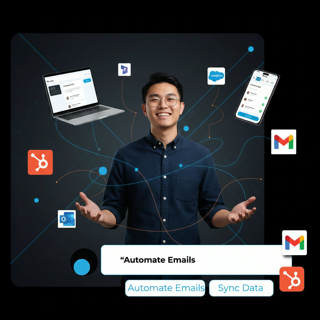 A sales professional being freed from a tangle of repetitive tasks like typing identical emails and copying data, looking relieved and empowered while automation tools work in the background.