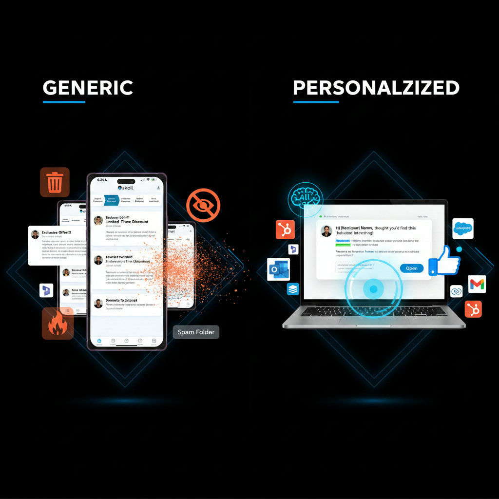 A split image or a dual scene. One side shows generic, templated emails being flagged as spam or ignored. The other side shows uniquely generated, personalized emails, possibly with AI elements, successfully landing in an inbox and being opened with interest.