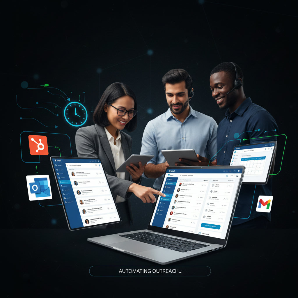 A sales professional strategically planning, engaging in meaningful client conversations, or closing a deal, with a clock in the background showing saved time, and automation processes depicted subtly freeing up their schedule.