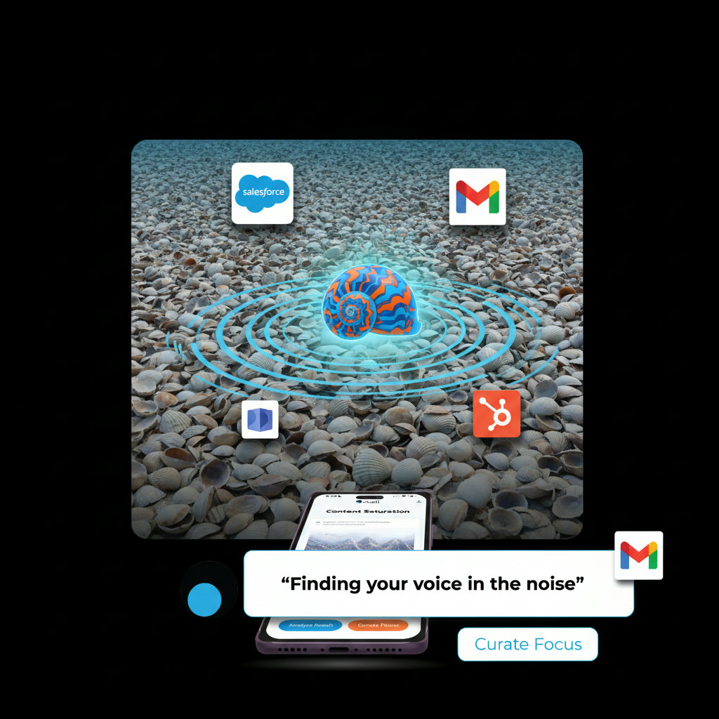 A visual metaphor depicting a vast ocean or beach filled with countless seashells, with one distinct, unique shell standing out, representing the challenge of finding genuine engagement in a content-saturated environment.