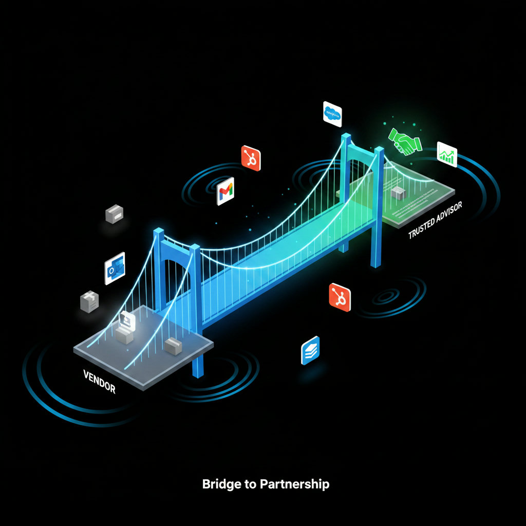 An image illustrating the transformation of a brand from a mere vendor to a trusted advisor, possibly using a visual of a bridge being built between the brand and the customer, or a scale tipping from 'selling' to 'guiding'.