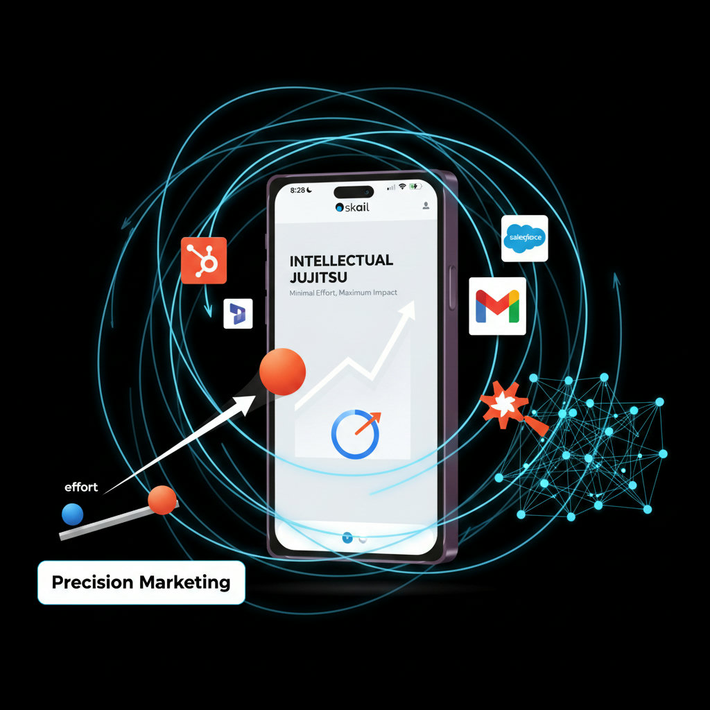 A visual representing 'intellectual jujitsu,' perhaps with graphic elements of leverage and precision, showing how minimal effort or resources can yield maximum impact in marketing.