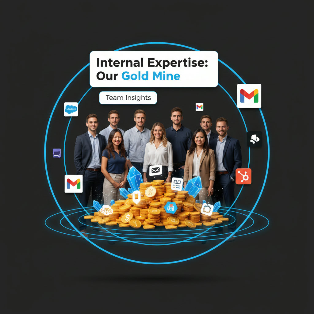 A depiction of various team members (e.g., sales, engineers, customer success) as a 'treasure trove' or 'gold mine' of insights, highlighting the value of internal expertise.