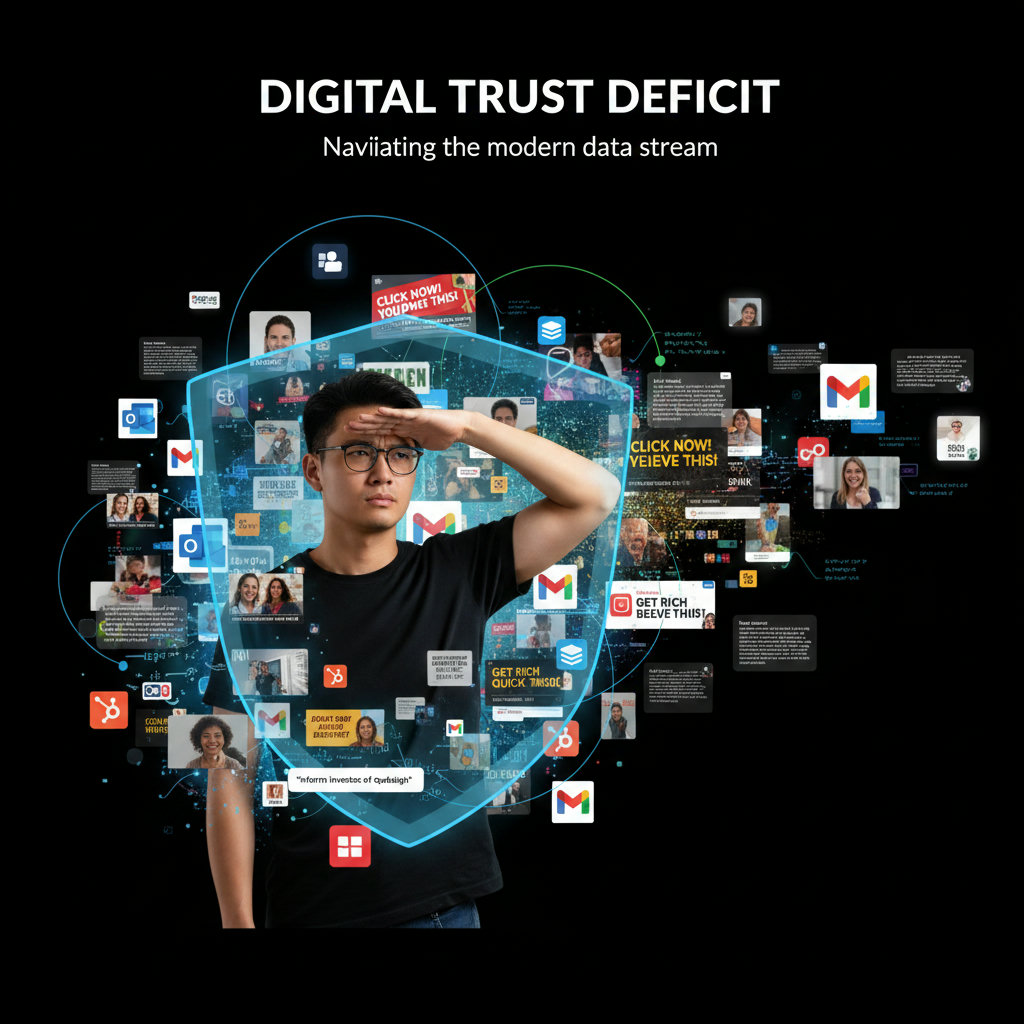 An image illustrating the concept of 'Digital Trust Deficit,' perhaps with a visually cluttered digital landscape and a person looking skeptical amidst a flood of information and ads.