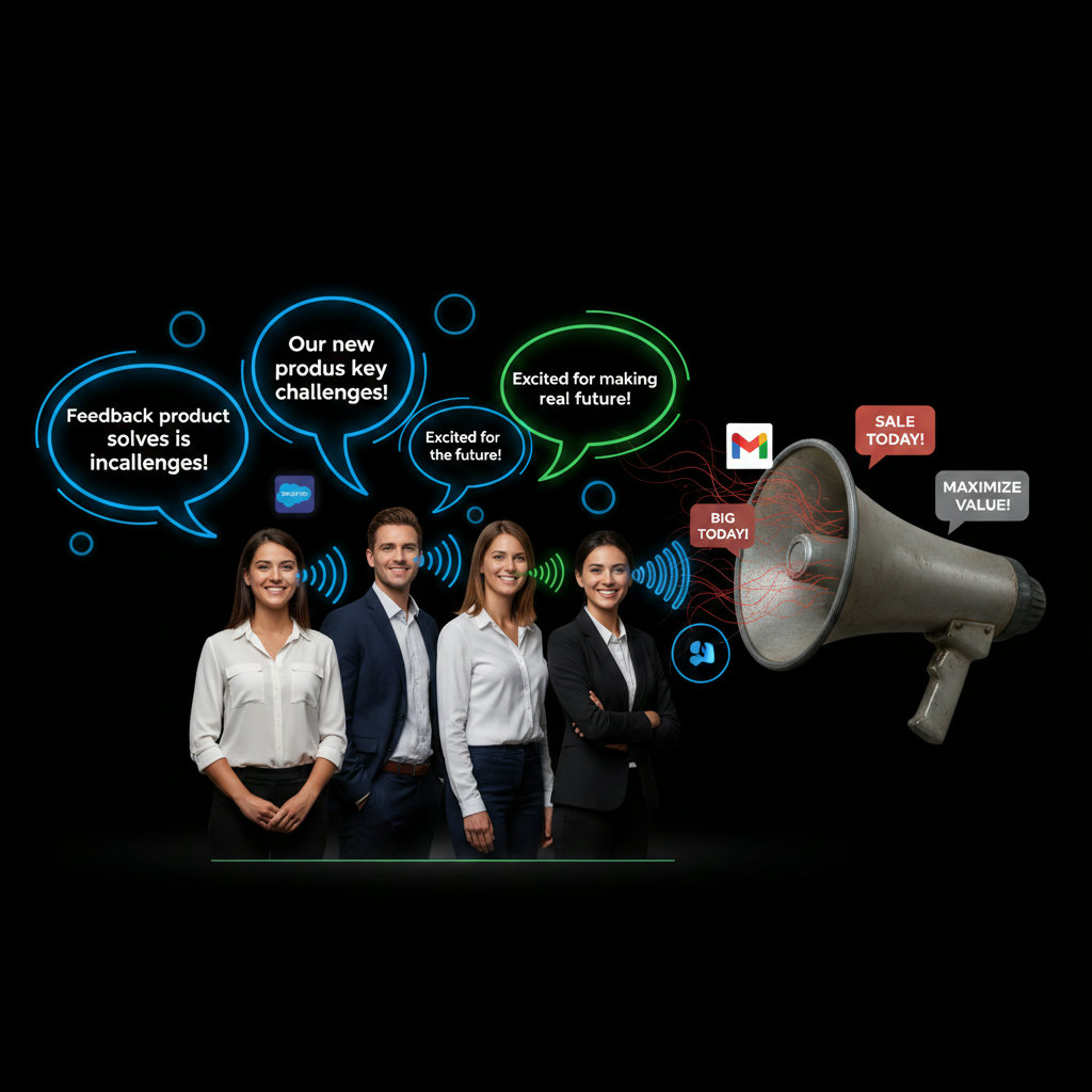 A visual depicting 'Employee Voices Over Traditional Ads,' with employees speaking confidently and their words carrying more weight or impact than a megaphone broadcasting corporate advertisements.