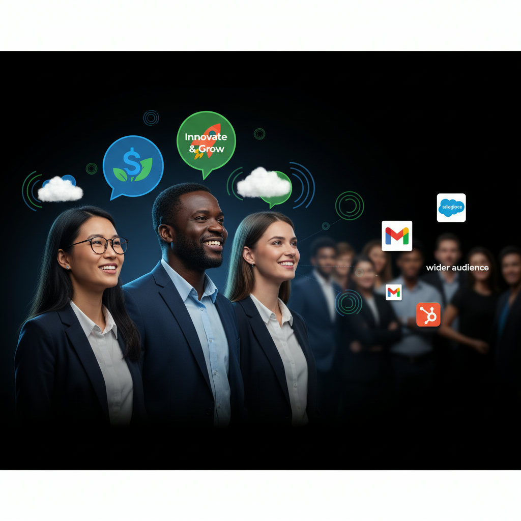 An image illustrating employees as brand influencers, perhaps with speech bubbles or thought clouds containing brand logos or messages, radiating outwards to a wider audience. The employees should appear authentic and enthusiastic.