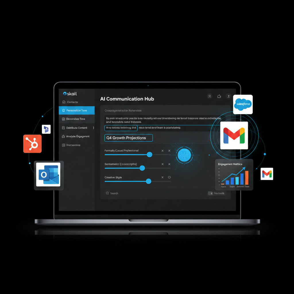 A visual representation of Skail AI at work, showing a user interface with options for personalized tone and style, content distribution, and engagement metrics. Emphasize the AI aspect with subtle robotic or data-driven design elements.