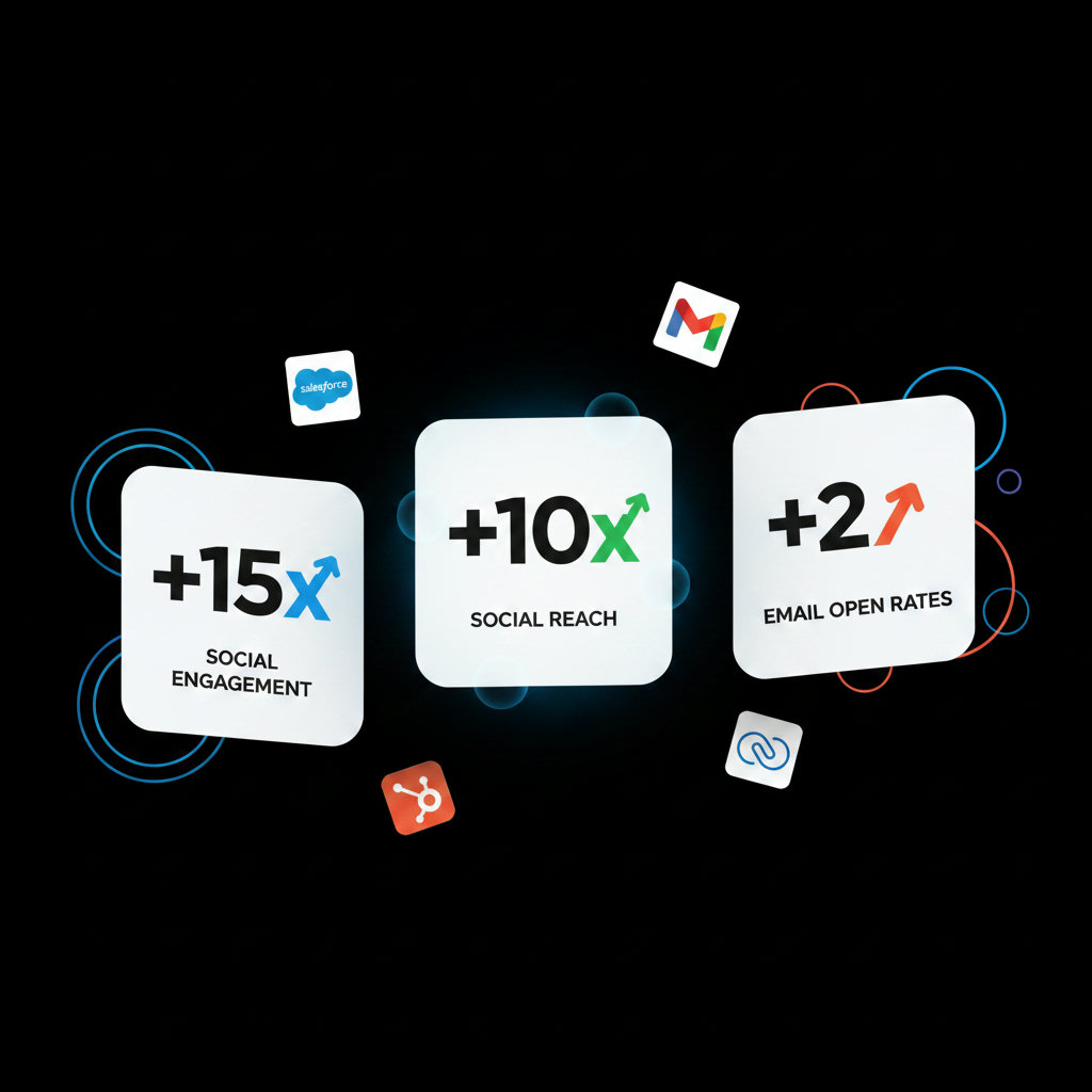 An infographic-style image showcasing the measurable growth metrics: +15x social engagement, +10x social reach, and +2x email open rates, perhaps with up arrows and clear, concise labels.
