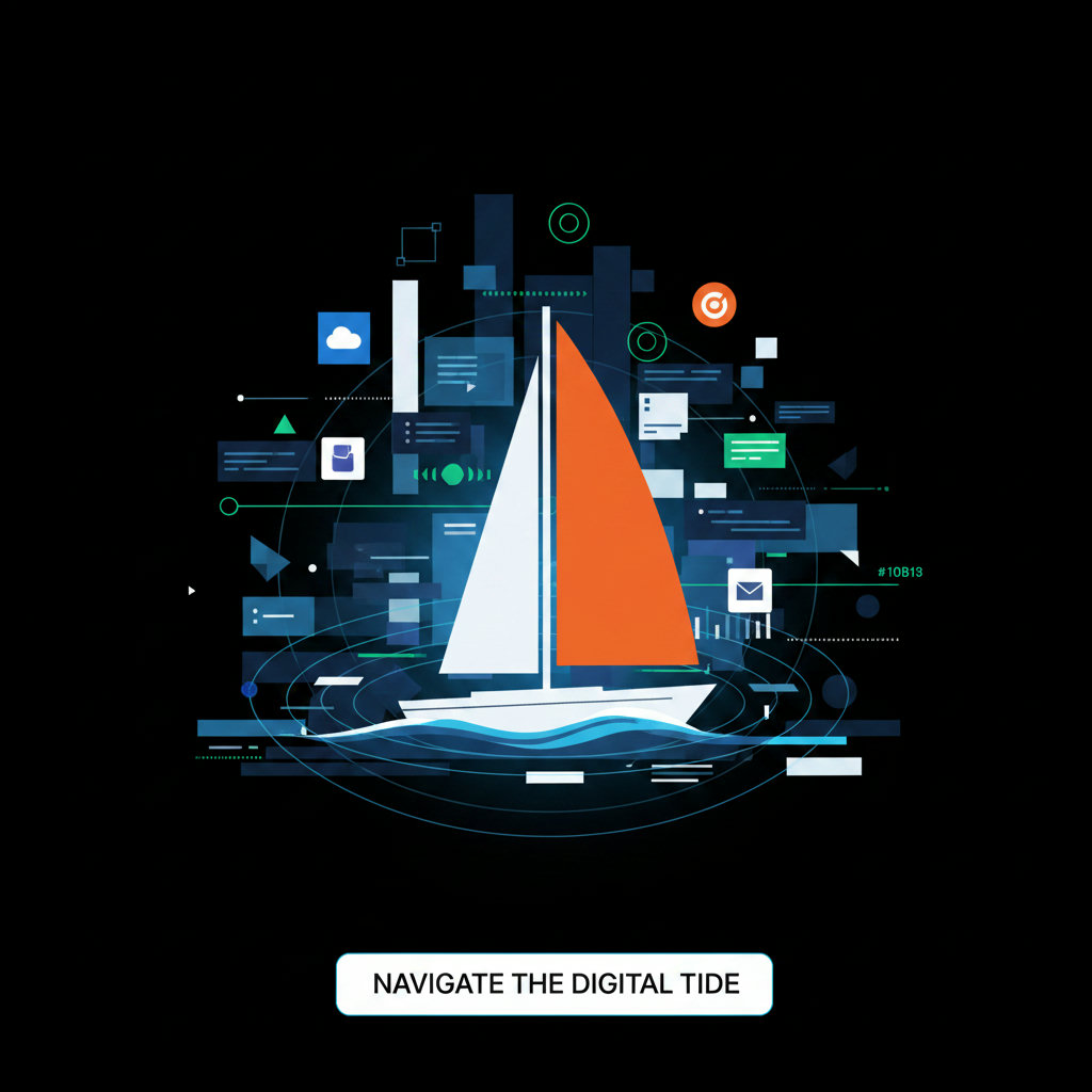 A minimalist sailboat navigating a vast, chaotic digital ocean, symbolizing strategic and efficient brand presence amidst information overload.