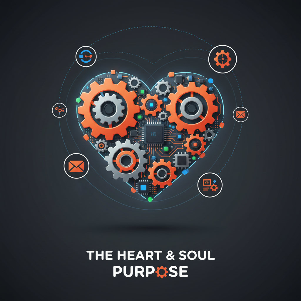 A heart with gears and circuits, representing a brand as a living entity with a heart and soul, emphasizing genuine values and purpose.
