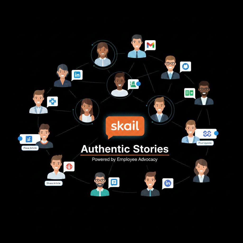 A network of diverse employees, each with a speech bubble containing a brand-related icon, connected by subtle lines, illustrating the power of employee advocacy in sharing authentic brand stories.