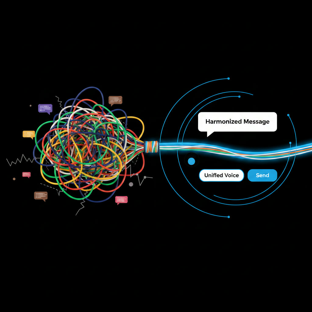A visual representation contrasting chaotic, inconsistent messaging with streamlined, unified communication, perhaps using tangled vs. organized threads or different colored voices blending into one harmonious message.