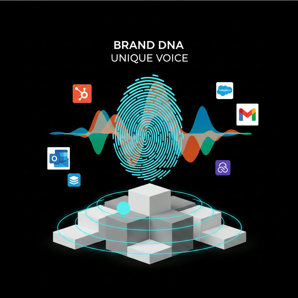 An image depicting a brand's 'DNA' or core values as foundational building blocks, leading to a distinct, recognizable brand voice represented by a unique soundwave or fingerprint.