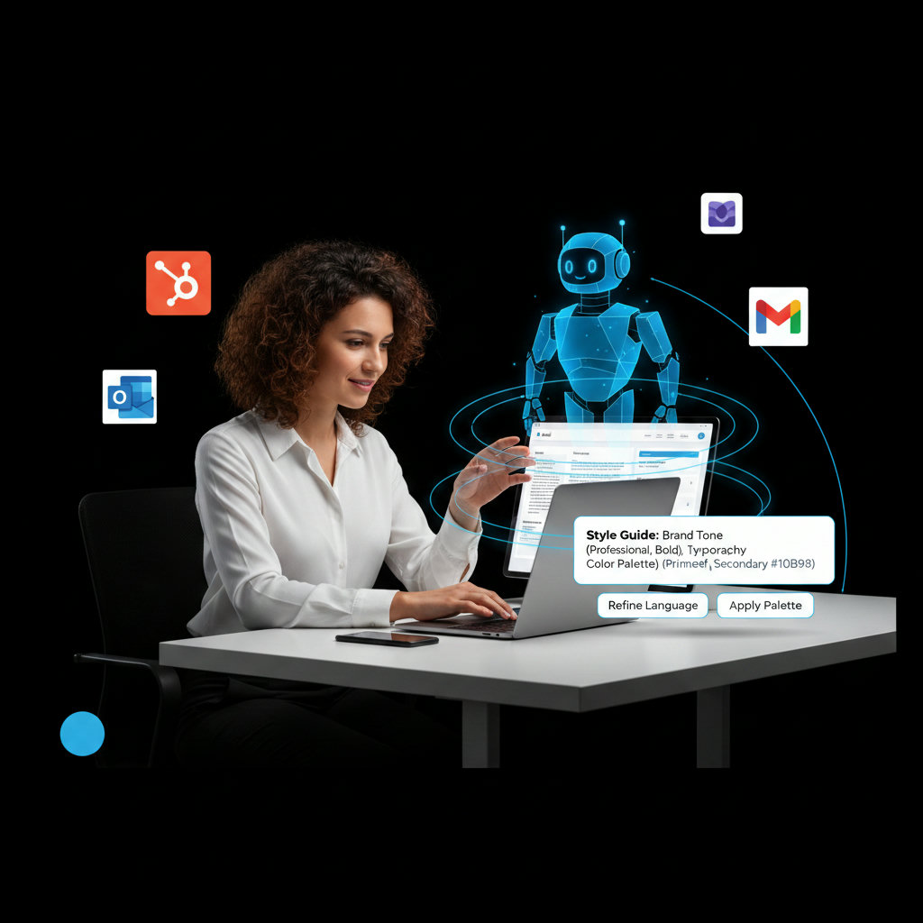 An AI robot or interface working collaboratively with a human creative, suggesting edits or applying style guides to content, illustrating how AI amplifies human effort rather than replacing it.