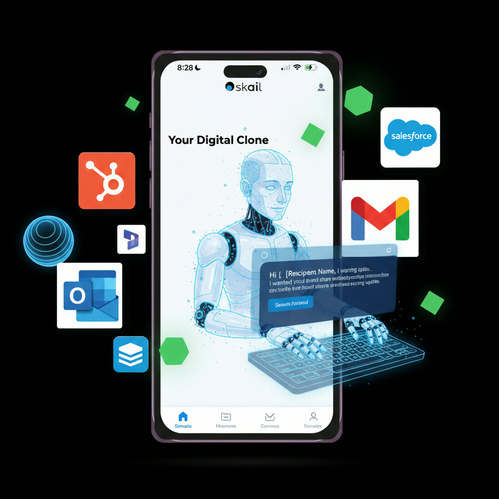 A visual representation of the concept of a 'digital clone' - perhaps a stylized avatar or a robotic arm writing an email, symbolizing AI-powered personalization.