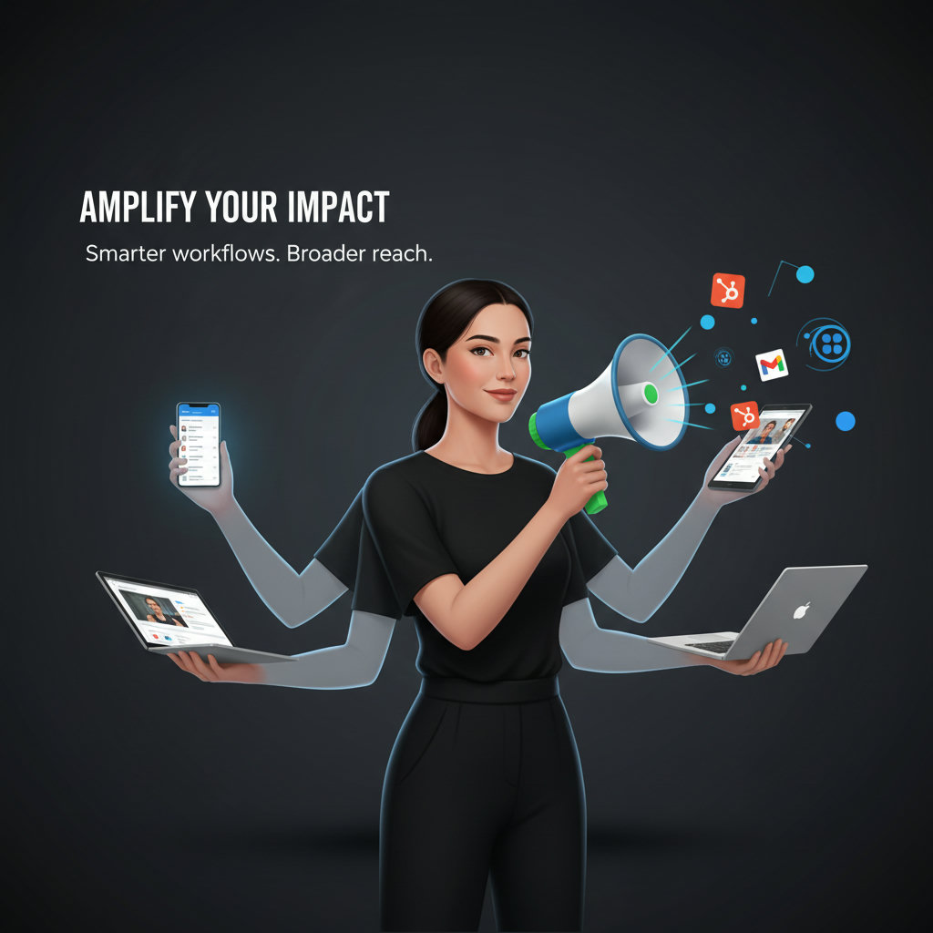 An image illustrating the idea of 'amplifying' a professional's capabilities, possibly showing a person with multiple arms or a megaphone, symbolizing increased reach and efficiency.