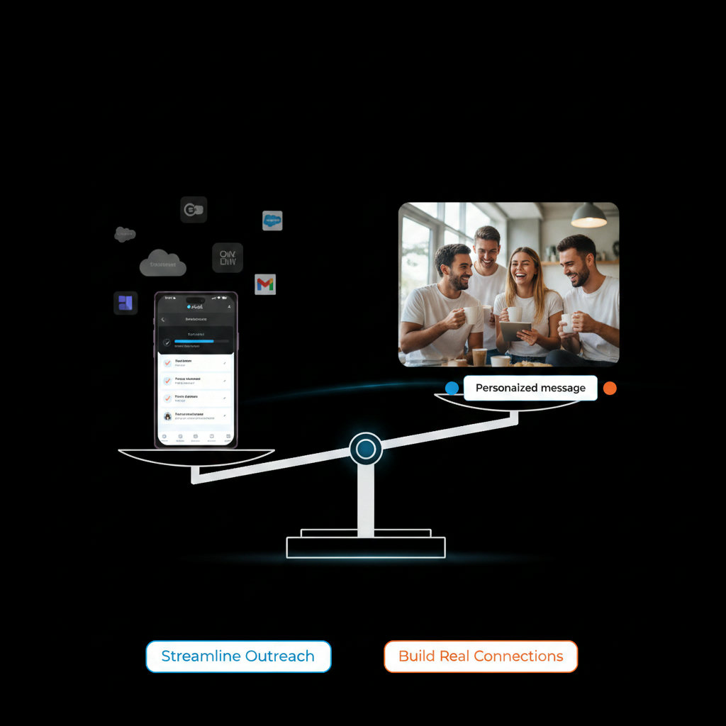 A depiction of 'efficiency with authenticity,' perhaps a graphic showing a balance scale with 'efficiency' and 'authenticity' weighted equally, or a person effortlessly managing multiple personalized interactions.