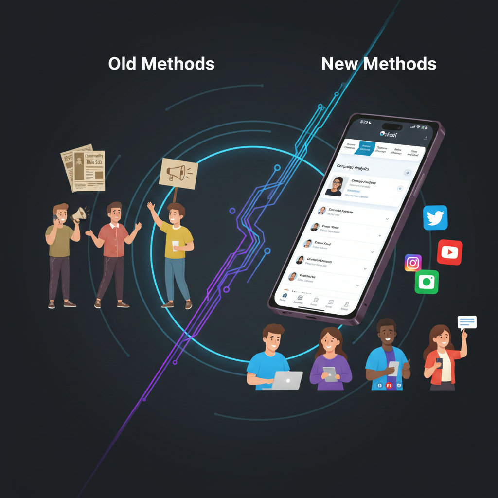 An image illustrating the contrast between old and new non-profit outreach methods. The old methods could be represented by stacks of flyers, people on phones, and a small rally. The new methods could be represented by digital interfaces, social media icons, and a diverse group of people engaging online.