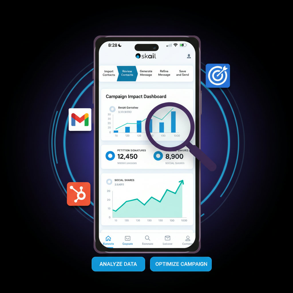 An image visualizing the measurement and maximization of impact. This could include graphs and charts showing growth and various metrics (petition signatures, social shares), alongside a magnifying glass or a target, symbolizing analysis and optimization.