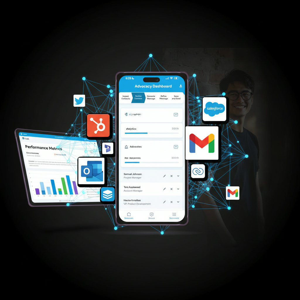 An image demonstrating the importance of key features in an advocacy platform: user-friendliness (a simple, clean interface), scalability (an elastic or growing visual element), and seamless integration (interconnected icons representing different tools like CRM, email, social media).