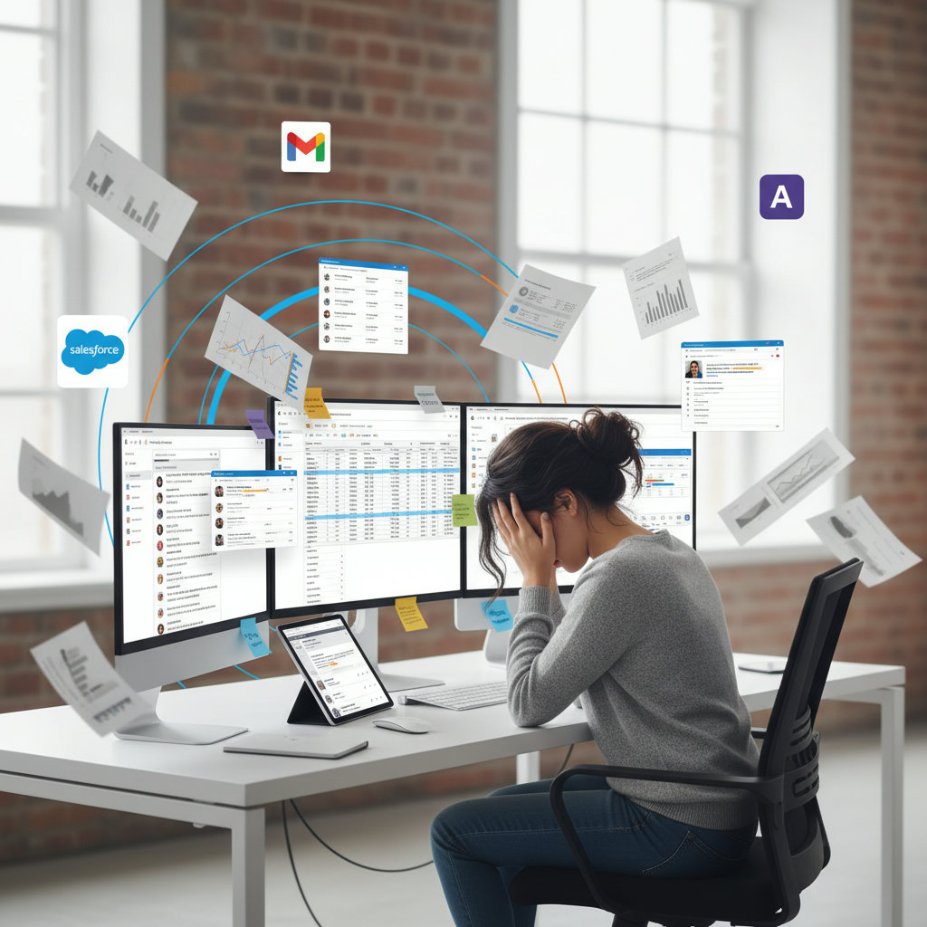 A visually chaotic scene representing disorganized marketing assets, perhaps with papers flying, multiple open computer windows, and a frustrated marketer.
