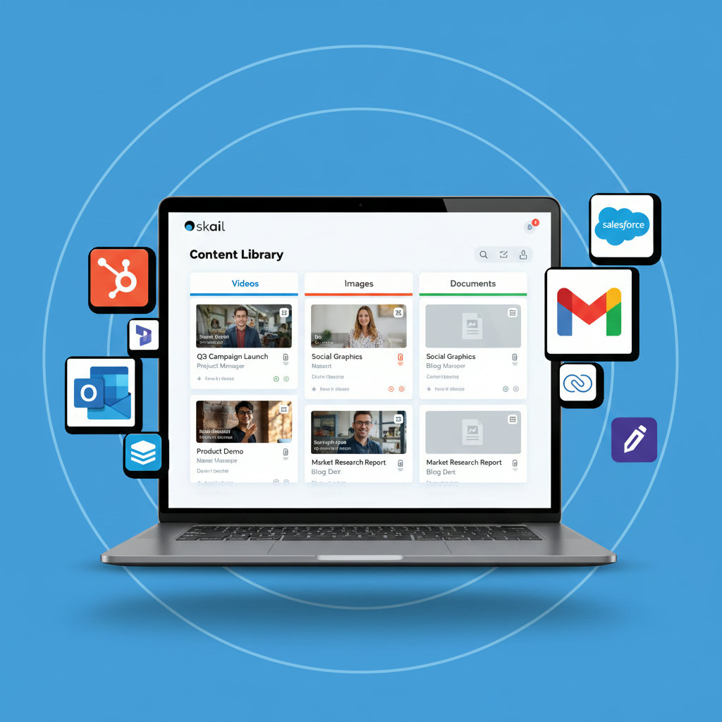 A clear, organized digital library or dashboard, symbolizing a marketing content hub. It could show neatly categorized content types like videos, images, and documents, with a sense of calm and efficiency.