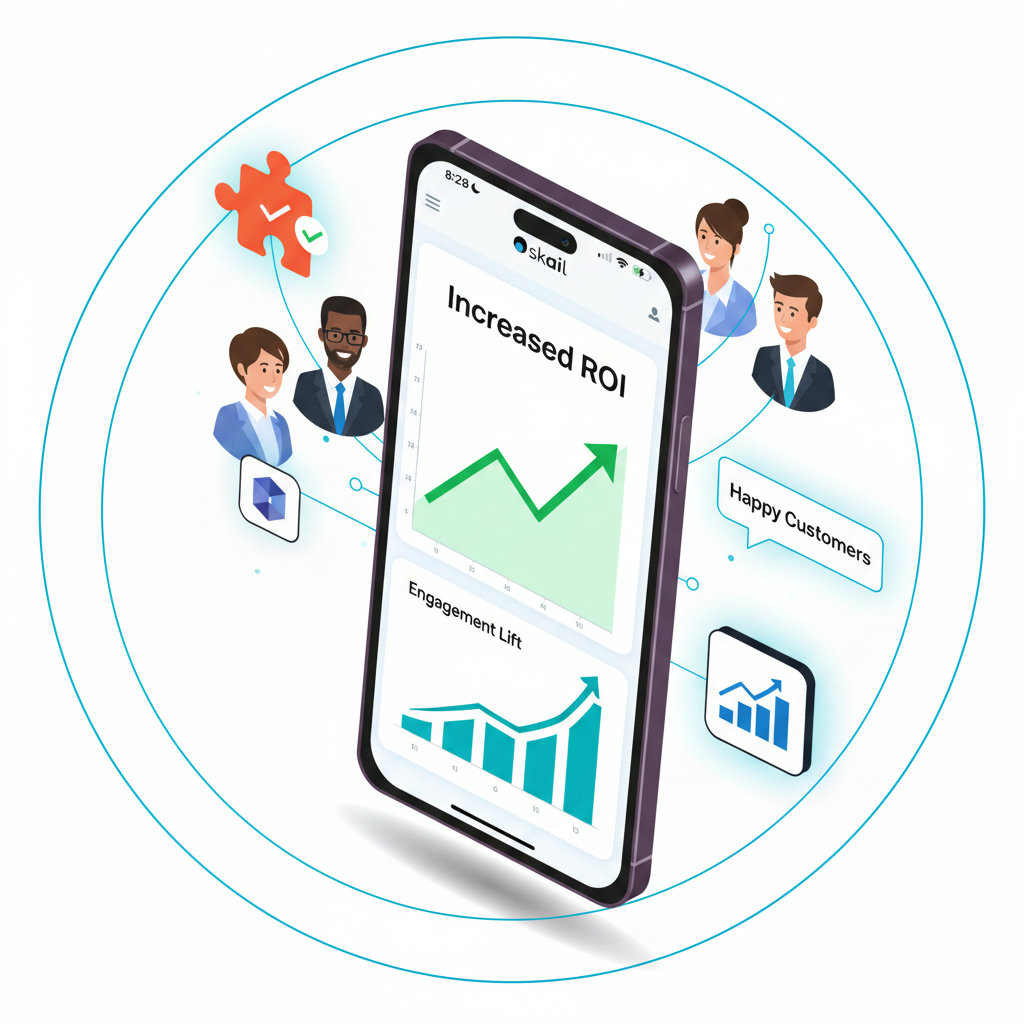 An image illustrating increased ROI and engagement, possibly with upward trending graphs, happy customers interacting with a brand, or a puzzle coming together to form a positive outcome.