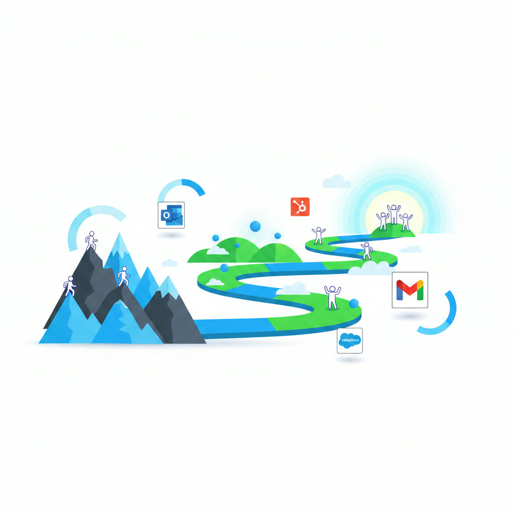 A brand's journey depicted as a winding path with both uphill struggles (represented by mountains or rocky terrain) and triumphant peaks (represented by serene landscapes or a bright horizon). Small, stylized figures or symbols can represent the brand's progress.