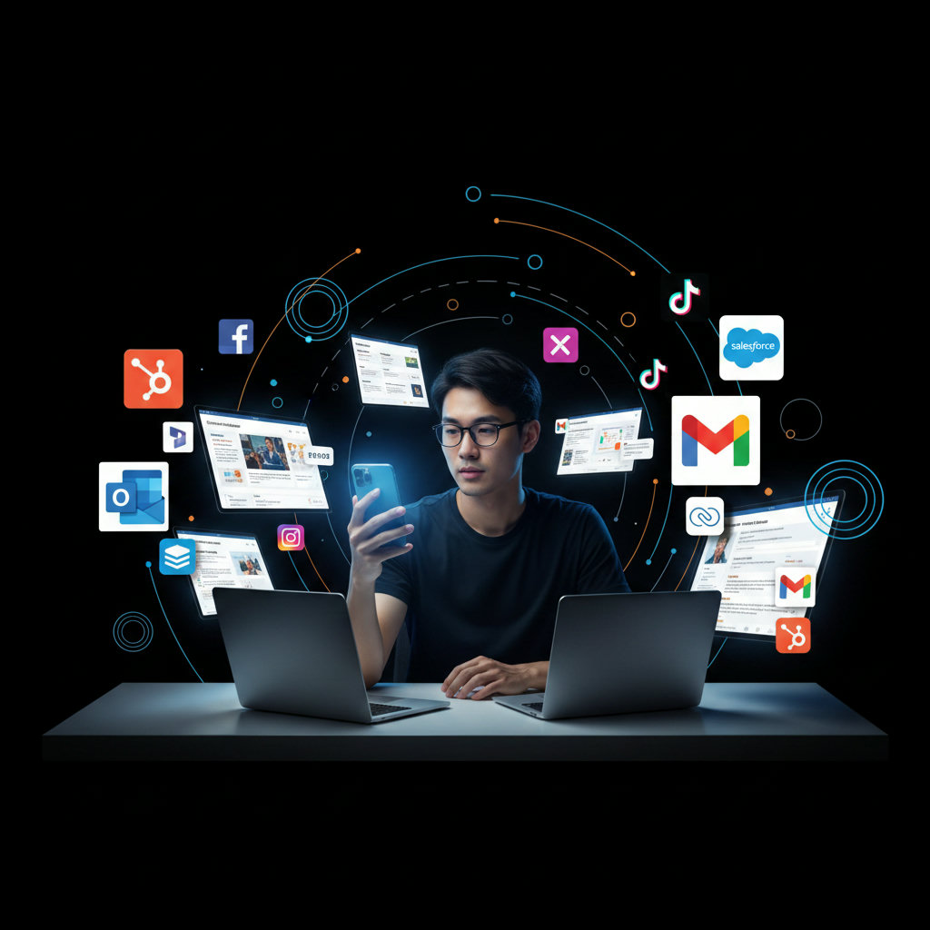 An image illustrating information overload in the digital landscape. This could be represented by a person surrounded by a cacophony of digital notifications, social media feeds, and various glowing screens, highlighting short attention spans.