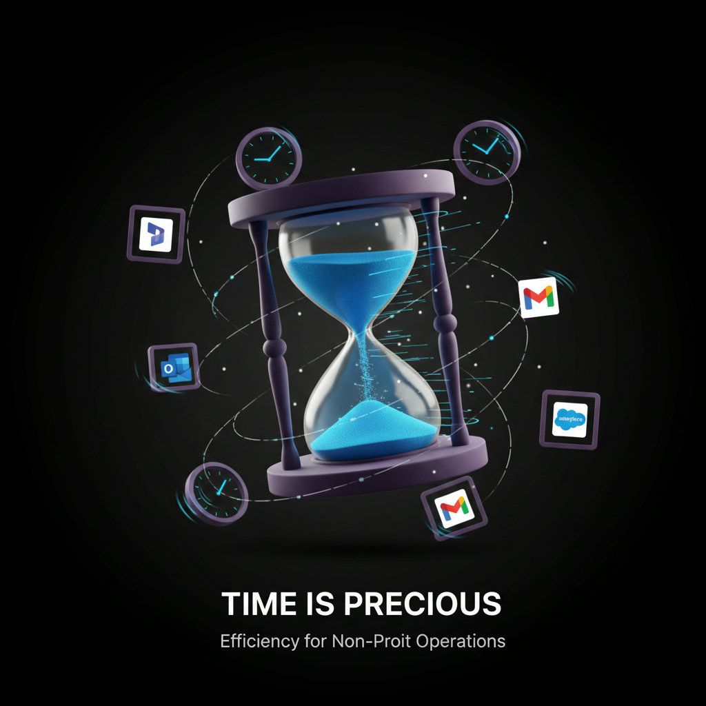 A depiction of time as a precious and fleeting commodity, perhaps represented by an hourglass with sand quickly draining, or a clock with hands spinning rapidly, emphasizing the urgent need for efficiency in non-profit operations.