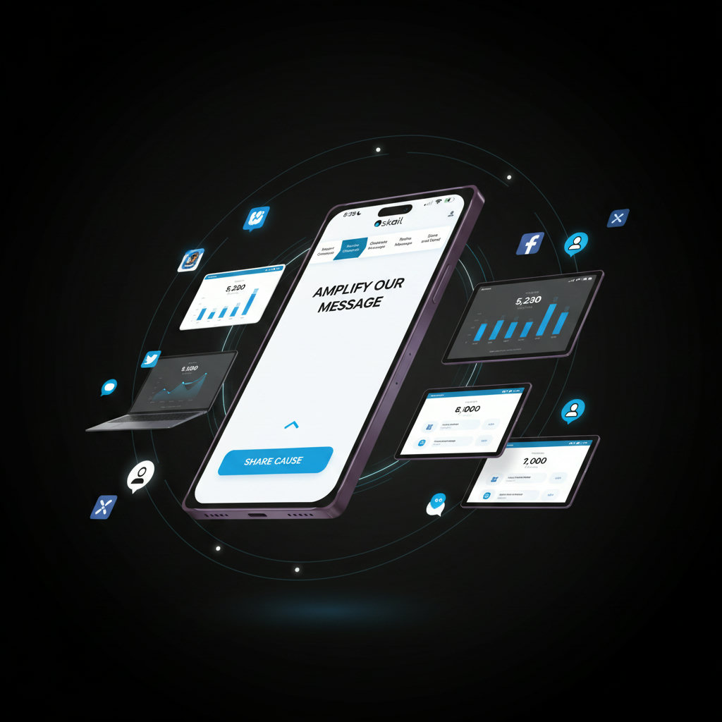 A visual representation of an advocacy platform amplifying a non-profit's message, potentially showing a single voice or message expanding into a network of interconnected voices or digital signals reaching a wide audience, symbolizing collective power and widespread engagement.