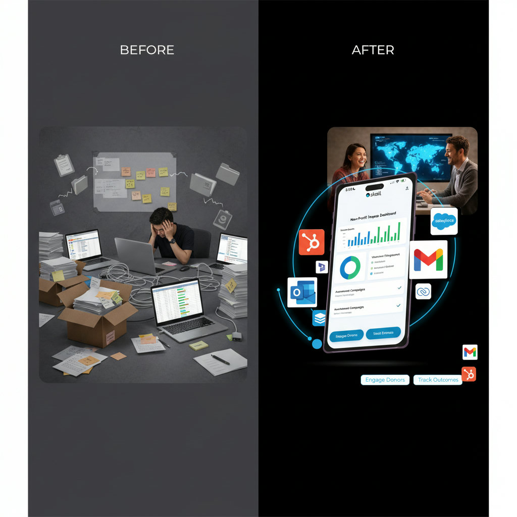 An image depicting streamlined operations leading to greater impact, perhaps a before-and-after scene illustrating chaotic, manual processes transforming into organized, automated workflows, with the 'after' scene showing a thriving non-profit focusing on its core mission.
