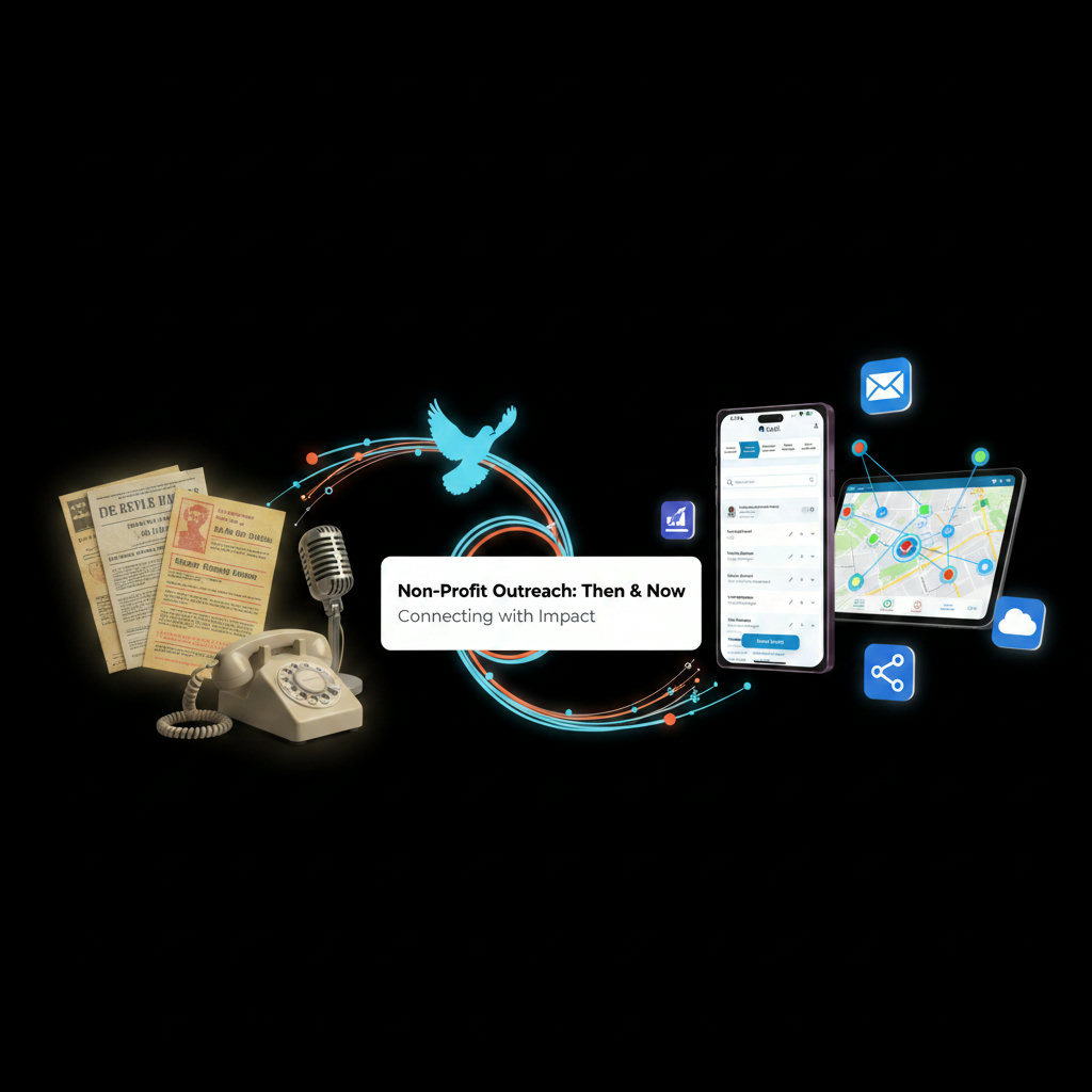 An abstract visualization representing the evolution of non-profit outreach, transitioning from traditional methods like stacks of flyers and phone banking to modern digital strategies. This could use contrasting imagery – perhaps old, faded paper juxtaposed with bright, interconnected digital networks or a carrier pigeon transforming into a fiber optic cable.