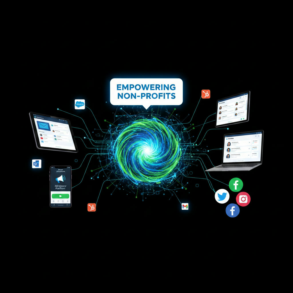 A visual metaphor illustrating the 'ecosystem' of non-profit marketing tools. This could be depicted as a vibrant, interconnected garden or a complex machine where different tools (email platform, advocacy platform, CRM, social media tools) function as distinct yet harmonized components working towards a central missionrepresented by a flourishing plant or a glowing core.