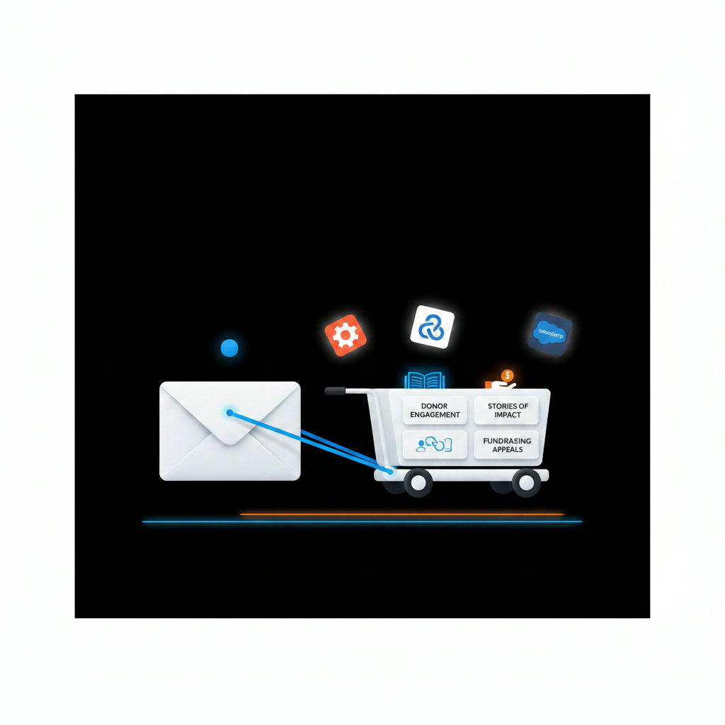 An engaging illustration showcasing email marketing as a 'steadfast digital workhorse' for non-profits. This could involve an email icon with reins, pulling a cart filled with elements like 'donor engagement,' 'stories of impact,' and 'fundraising appeals,' all while maintaining a consistent and reliable path.