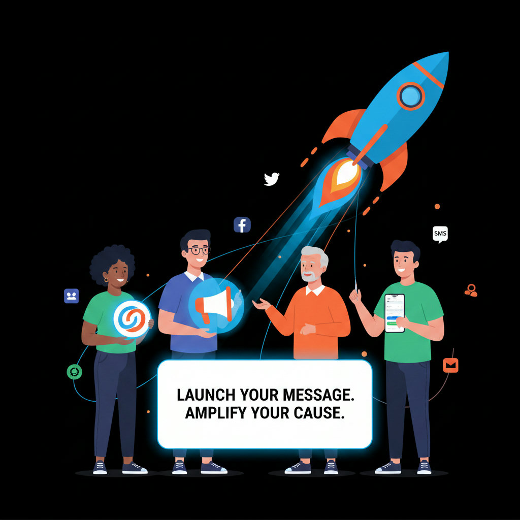 A powerful and dynamic image representing advocacy platforms as 'power-ups' or 'rocket ships' for non-profits. This could show a diverse group of people, each holding a glowing symbol or icon of advocacy, digitally connected and launching a shared message or cause into a wider sphere of influence.