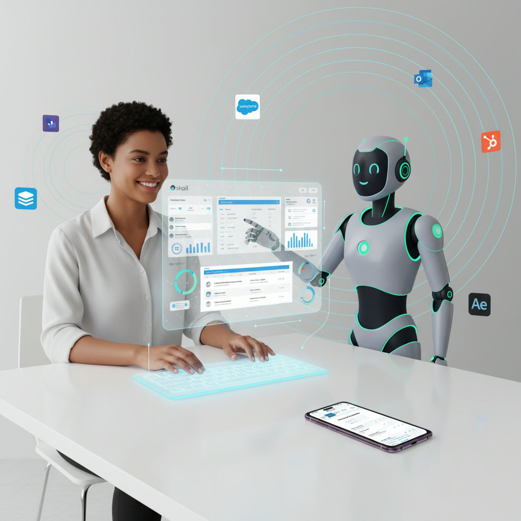 A visual representation of the concept of AI empowering humans, perhaps with a human and a robot collaborating seamlessly on a task, or a human using AI tools to enhance their capabilities. It should convey a sense of partnership and augmentation, not replacement.
