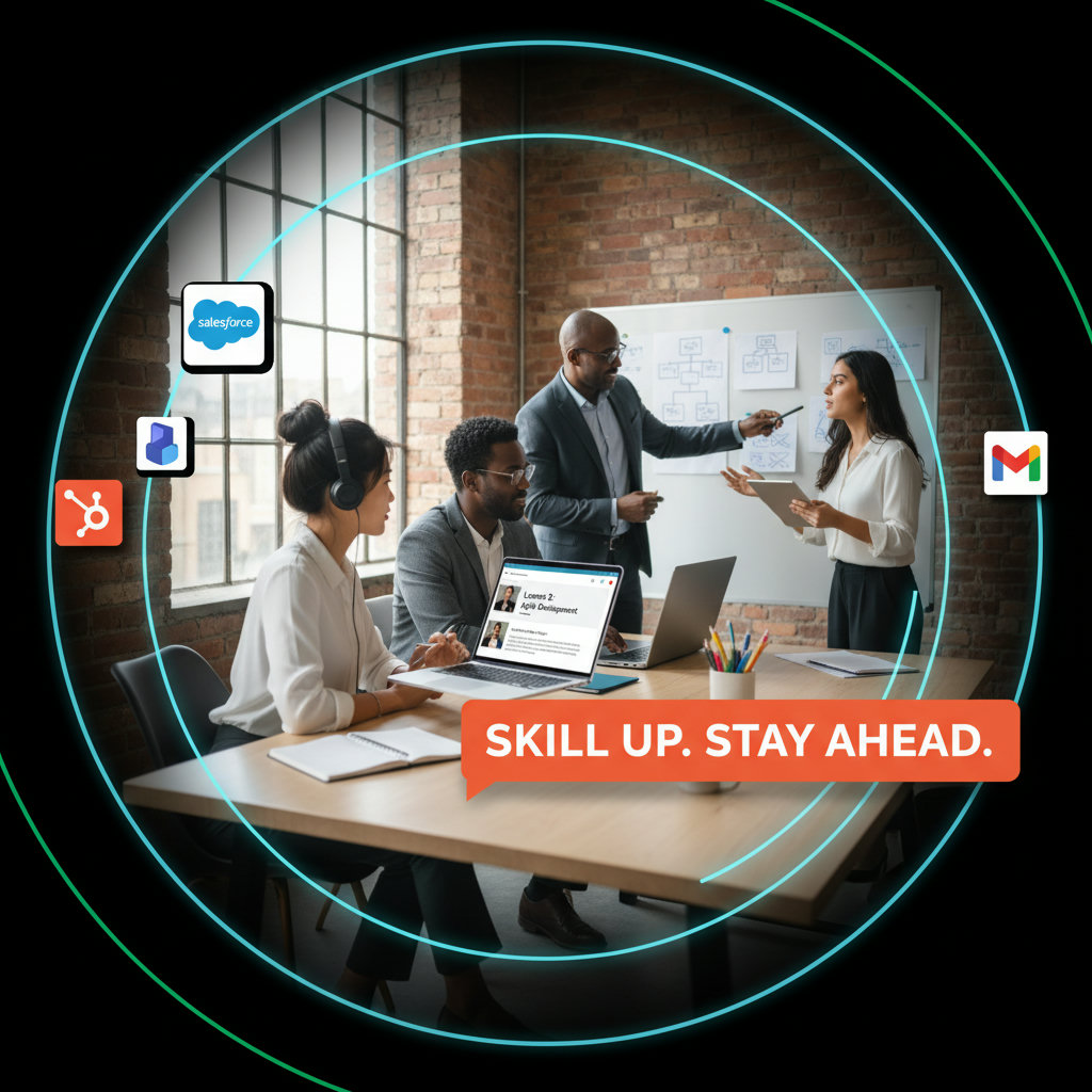 An image depicting the continuous learning culture. This could show diverse individuals engaging in various forms of learning, like online courses, mentoring, or hands-on practice, all set against a backdrop of evolving technology or a growth-oriented environment.