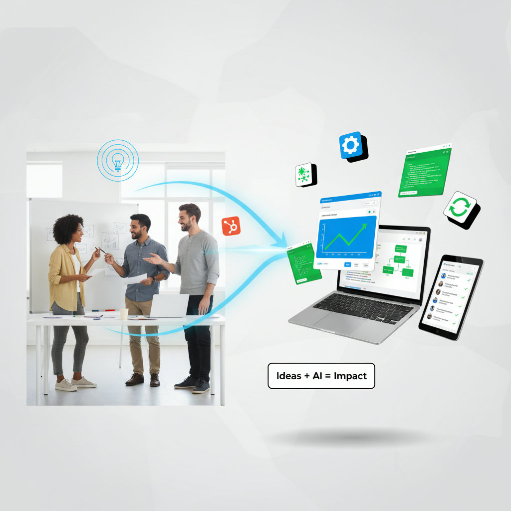 Illustrate the idea of harmonious human-AI collaboration. This could be a split image or a combined one, showing what humans excel at (creativity, empathy) and what AI excels at (data processing, automation), and how these strengths complement each other for optimal outcomes.