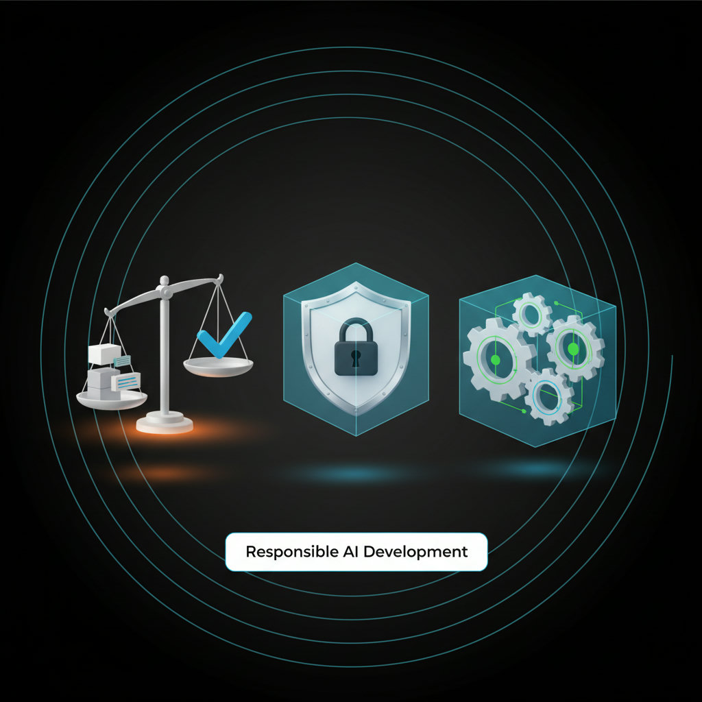 A visual representation of ethical AI concerns, possibly using scales to represent fairness and bias mitigation, a lock and shield for data privacy, and interconnected gears or a transparent box for algorithmic accountability. The imagery should convey the importance of responsible AI development.