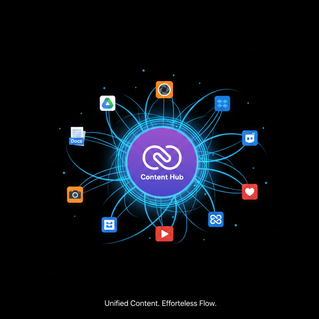An illustration of various digital assets like documents, images, and videos scattered across different platforms (Google Drive, Dropbox, Trello, social media icons), with chaotic lines connecting them, representing fragmentation. In the center, a large, organized 'Content Hub' icon acts as a magnet, pulling all these disparate elements into a unified, streamlined system.