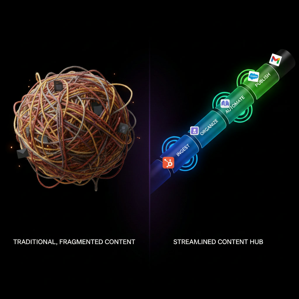 A visual metaphor comparing traditional, fragmented content management to a chaotic, tangled mess (depicted as a knotted ball of yarn or a maze), contrasted with the streamlined, organized structure of content hub software (represented by a clear, well-labeled flowchart or a futuristic, efficient pipeline).