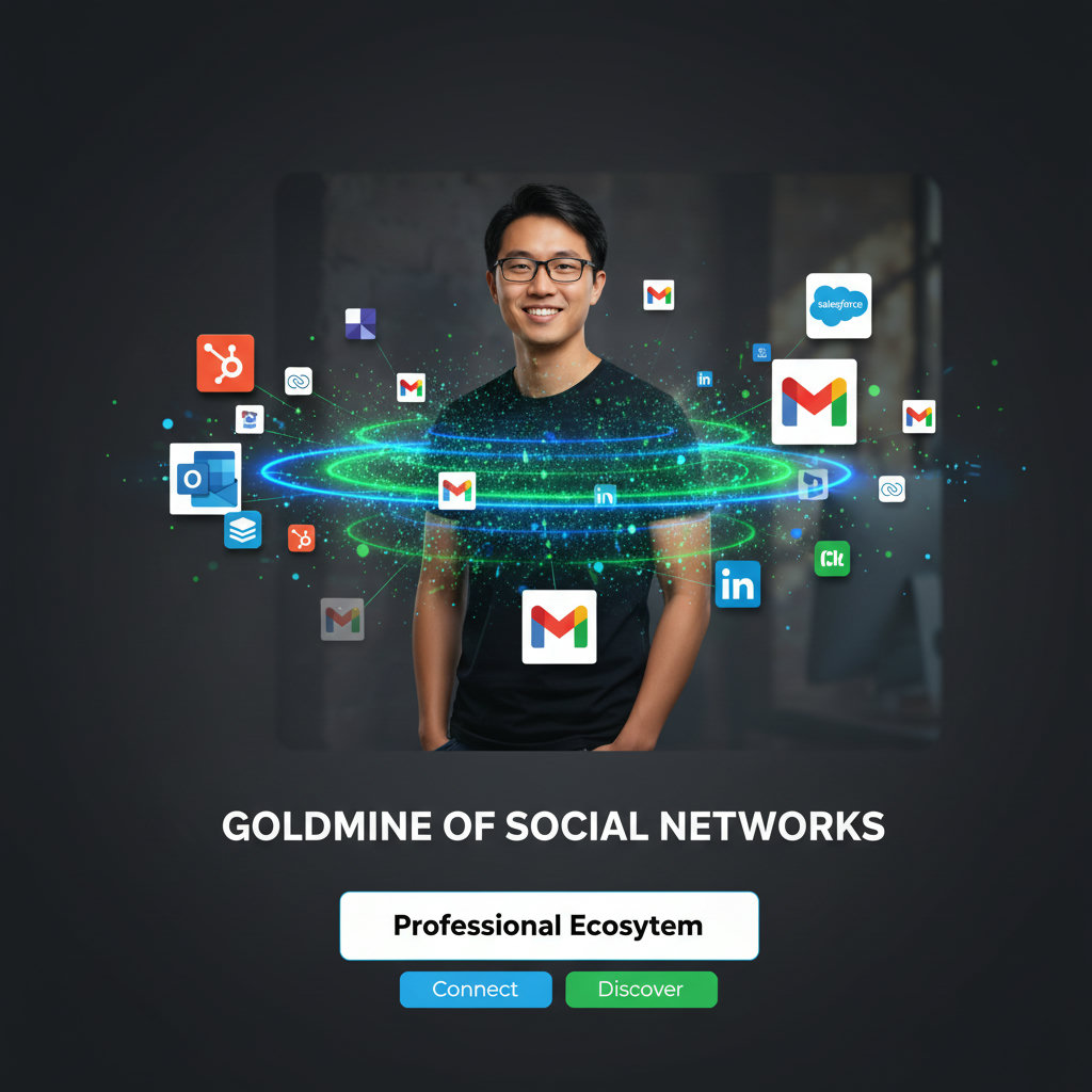 A visual representation of an employee's professional network, perhaps showing connections fanning out from a central figure with various professional social media icons. This would illustrate the idea of a 'goldmine of social networks'.