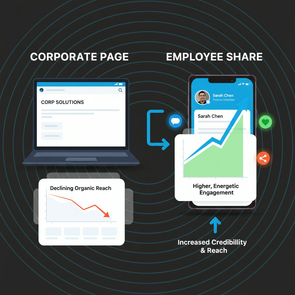 A graphic showing declining organic reach for corporate social media pages contrasted with a higher, more energetic engagement for employee-shared content, possibly using lines or arrows to indicate reach and credibility.