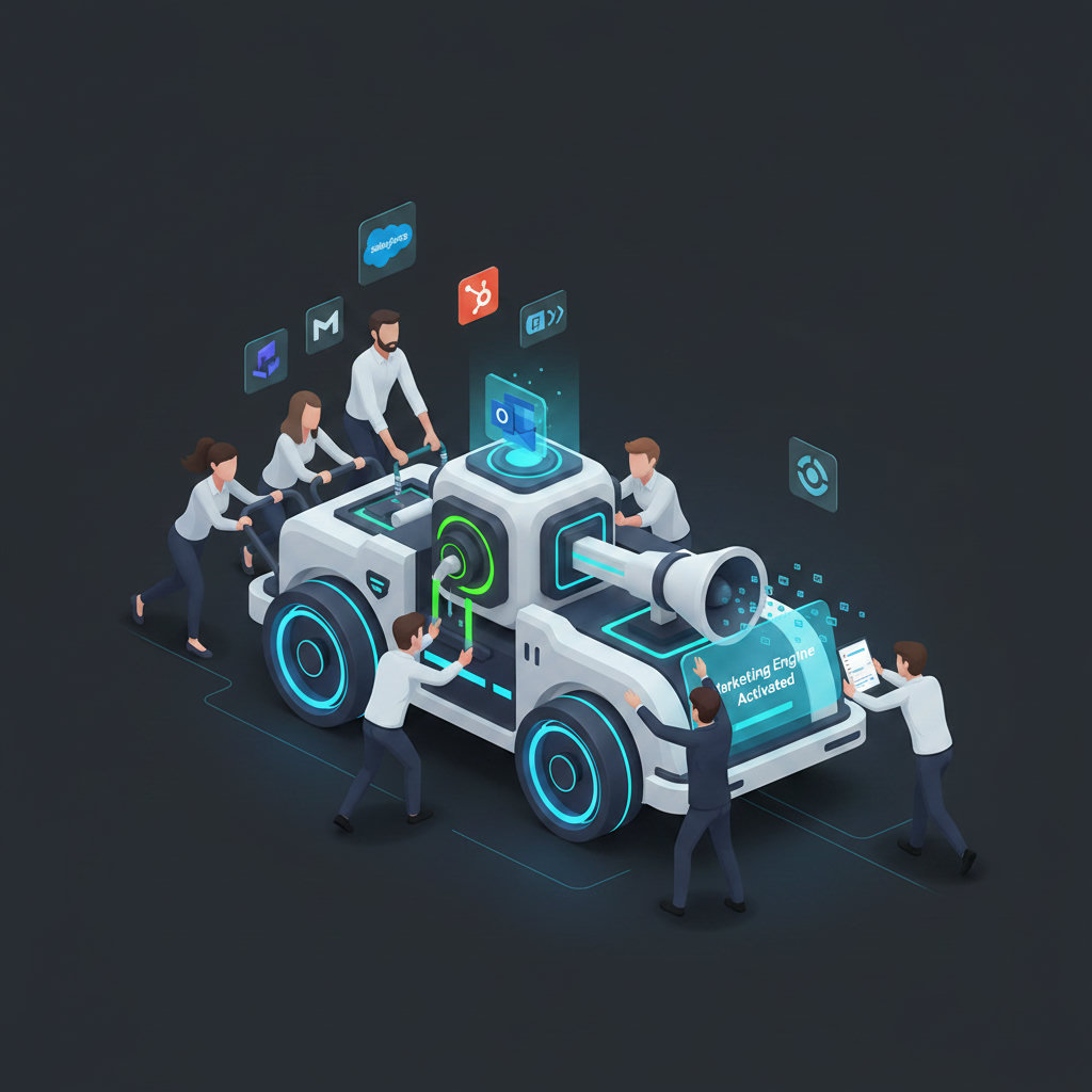 A visual illustrating the concept of a workforce transforming into a marketing engine, perhaps with employees collectively pushing or powering a branded vehicle or mechanism.