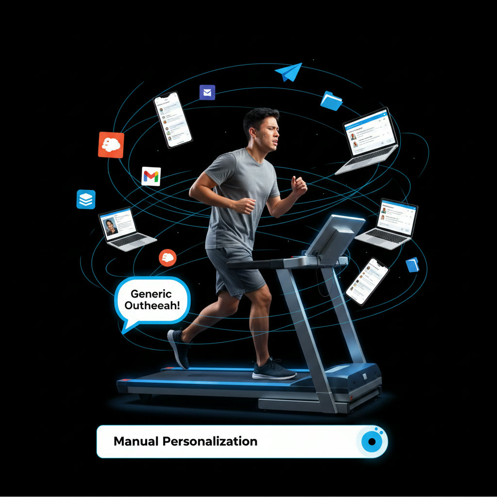 A person on a treadmill, looking exhausted and frustrated, with various digital communication elements like emails and social media icons swirling around them. This represents the 'treadmill' of generic content creation and the overwhelming nature of manual personalization.